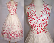 Vintage 1950s White Cotton Batiste Red Embroidered Halter Top Circle Skirt Dress