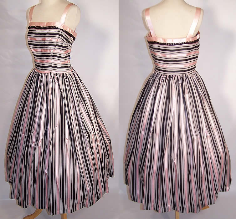 Vintage Pink & Black Stripe Silk Satin Ribbon Circle Skirt Party Dress side & back view