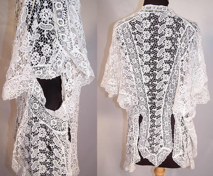 Edwardian Antique White Lace Cutaway Tailcoat Jacket close up side view & back view