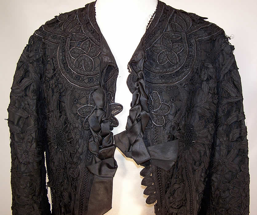 Edwardian Black Battenburg Tape Lace Silk Soutache Tailcoat Jacket close up