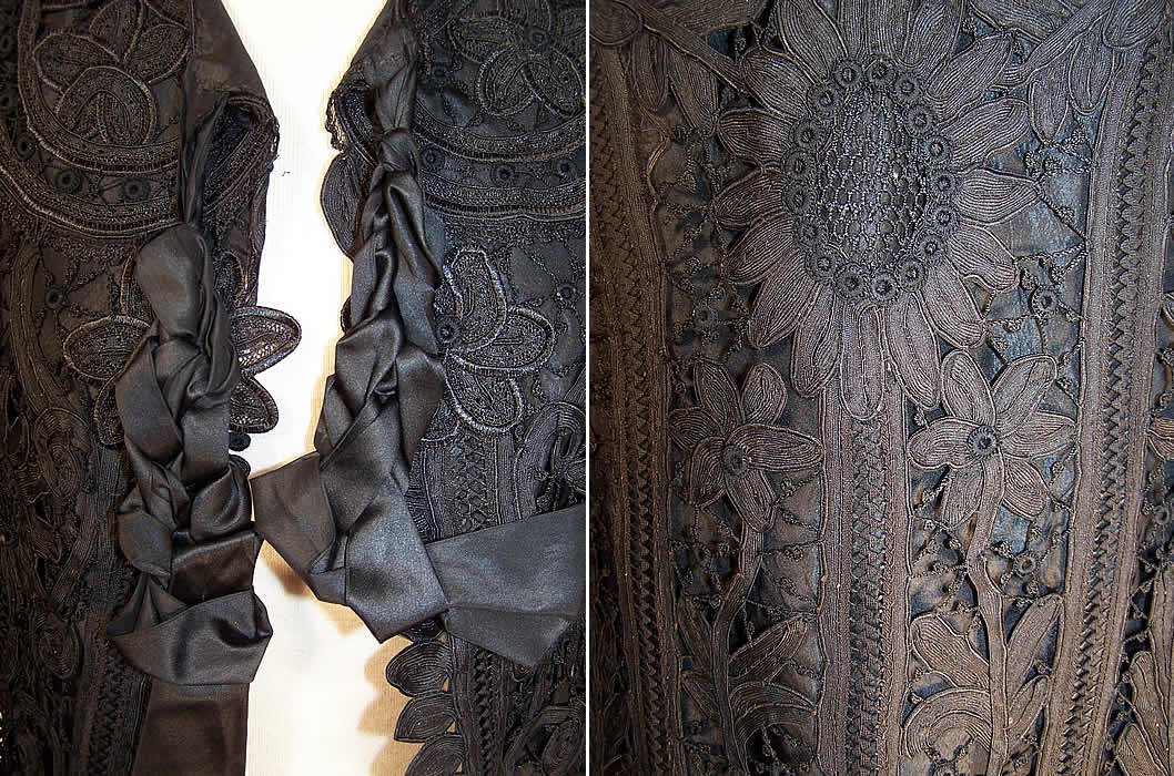 Edwardian Black Battenburg Tape Lace Silk Soutache Tailcoat Jacket two close up one shows ribbon closure the other the work