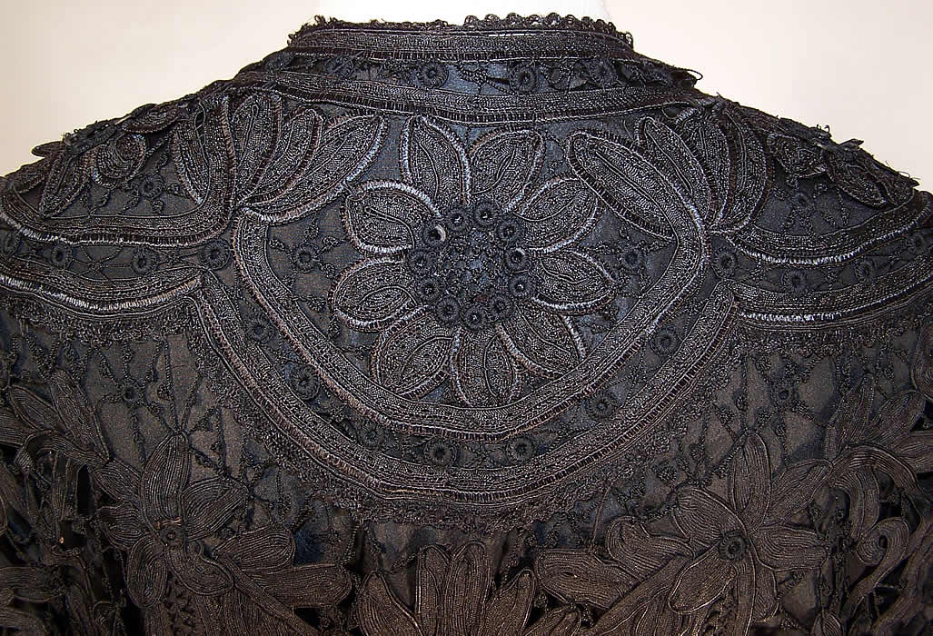 Edwardian Black Battenburg Tape Lace Silk Soutache Tailcoat Jacket back close up.