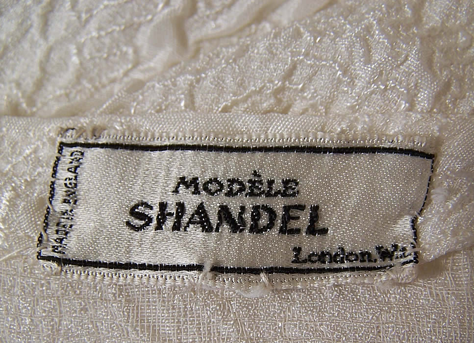 Vintage Modele Shandel London White Silk Wedding Gown Train Dress label close up.