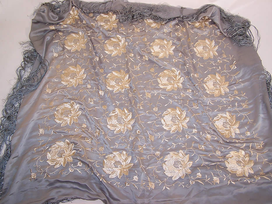 Vintage Pastel Blue & White Silk Floral Embroidered Fringe Piano Shawl