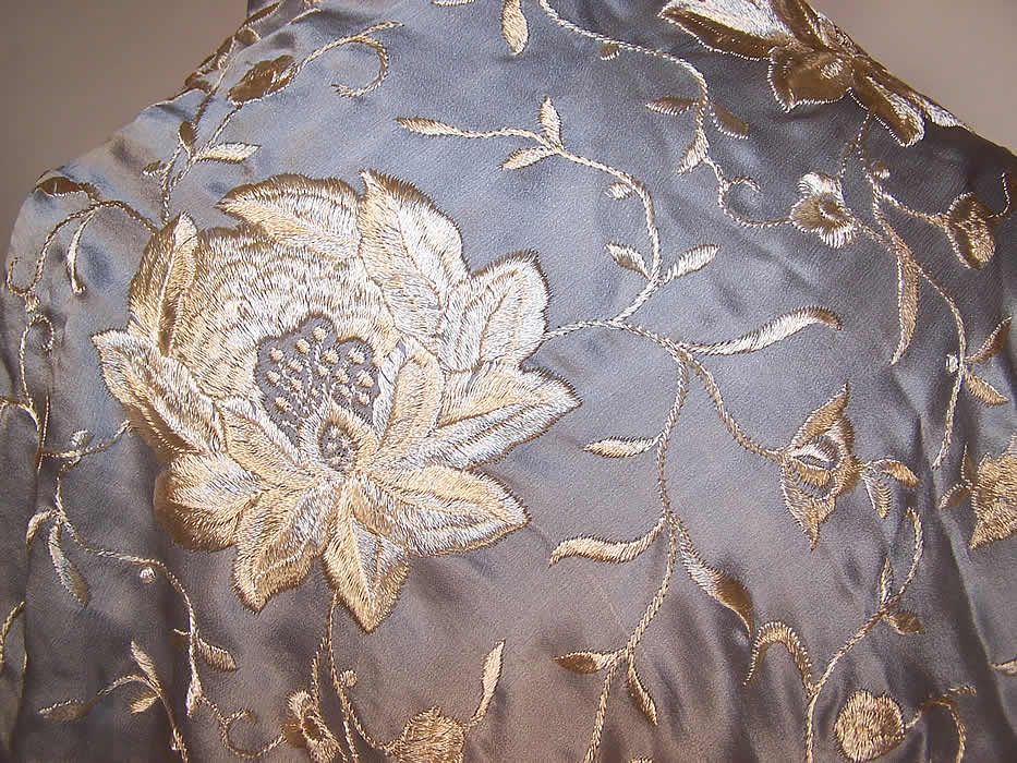 Vintage Pastel Blue & White Silk Floral Embroidered Fringe Piano Shawl close up