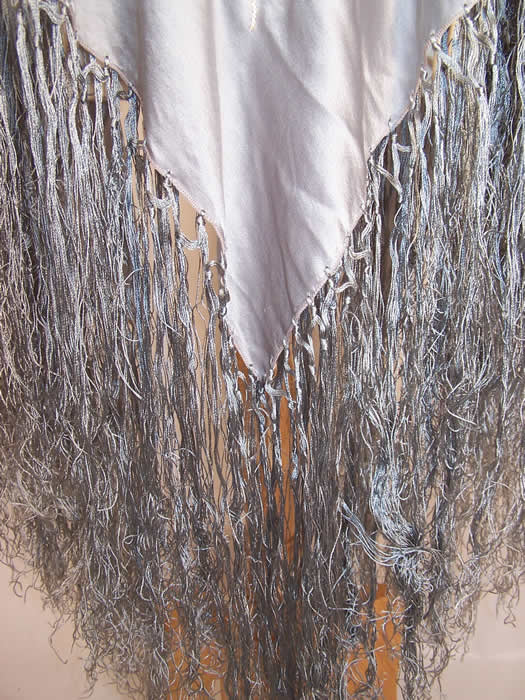 Vintage Pastel Blue & White Silk Floral Embroidered Fringe Piano Shawl fringe close up.