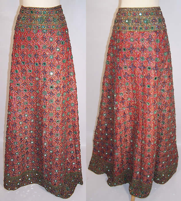 Vintage India Gujarat Zari Embroidery Mirror Beaded Lehenga Ghagra Skirt