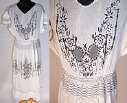 Vintage 1920s Black & White Batiste Floral Smocking Embroidered Boho Peasant Dress