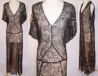 Vintage 1930s Black Lace Gold Metallic Lamé Bias Cut Evening Gown Dress