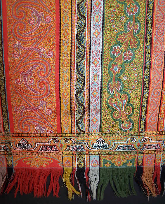 Victorian Antique Jacquard Hand Loom Wool Paisley Striped Shawl 70x70 inches