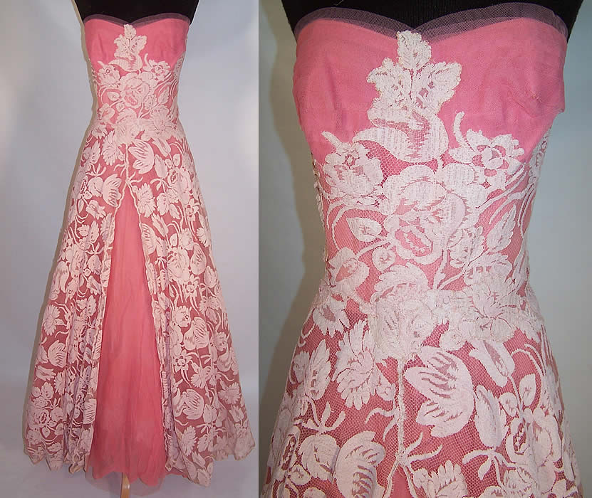 Vintage Mildred Davis Pink Lace Tulle Net Strapless Formal Gown Dress