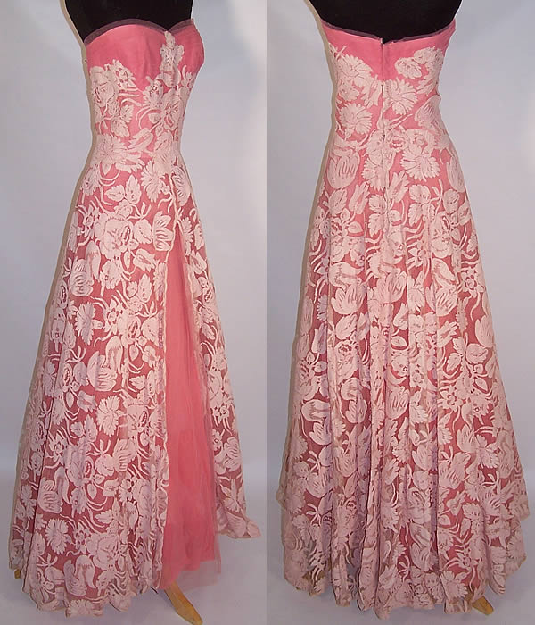 Vintage Mildred Davis Pink Lace Tulle Net Strapless Formal Gown Dress