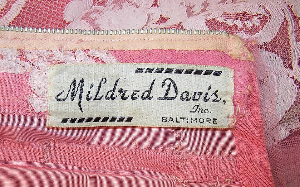 Vintage Mildred Davis Pink Lace Tulle Net Strapless Formal Gown Dress label