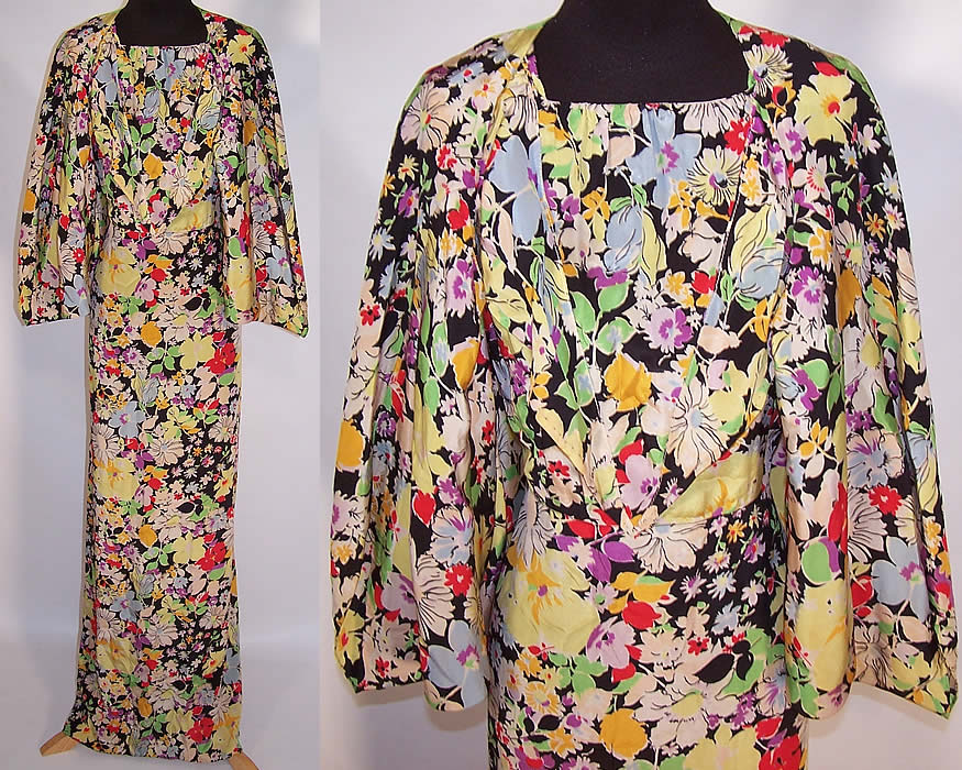 Colorful Floral Print Silk Bias Cut Dress & Dolman Shrug Jacket