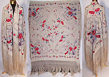 Antique Silk Embroidered Chinese Peacock Feather Floral Canton Piano Shawl