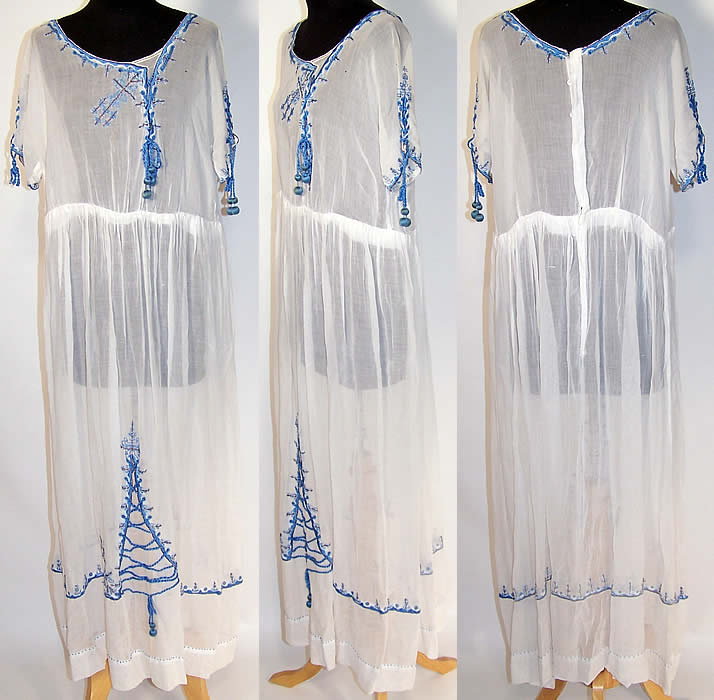 Vintage Blue & White Batiste Embroidered Boho Peasant Dress 