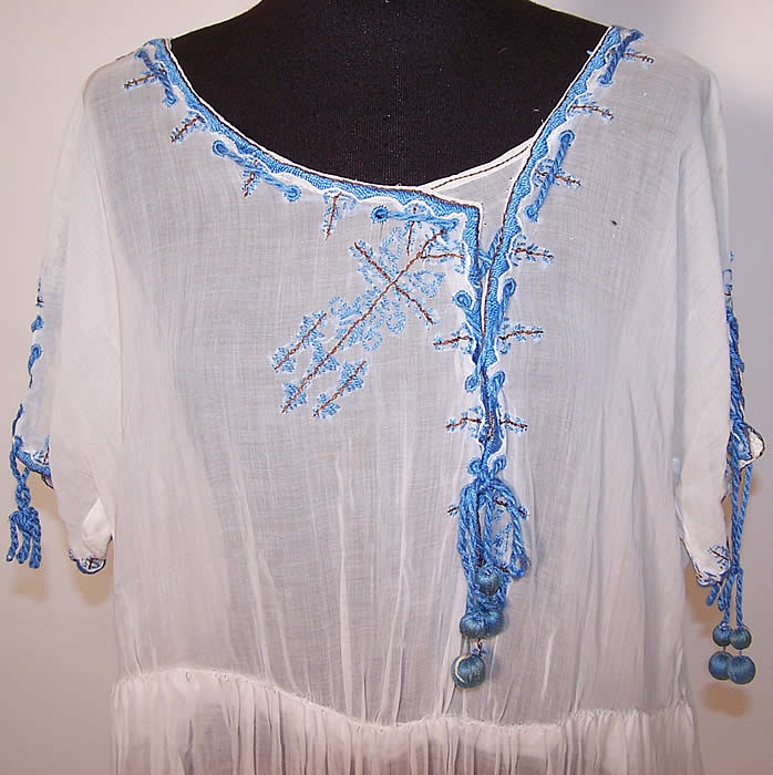 Vintage Blue & White Batiste Embroidered Boho Peasant Dress close up