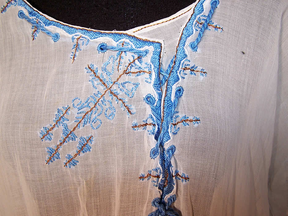 Vintage Blue & White Batiste Embroidered Boho Peasant Dress close up