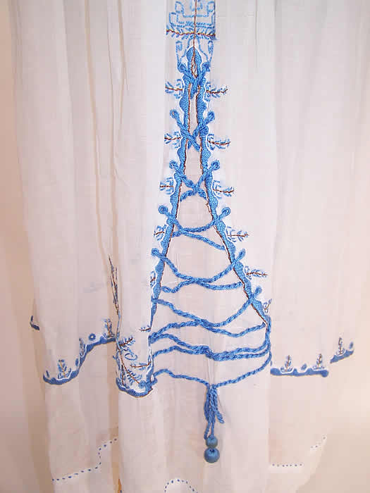 Vintage Blue & White Batiste Embroidered Boho Peasant Dress  close up.