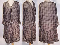 Vintage 1920s Art Deco Abstract Black & White Silk Chiffon Drop Waist Dress 