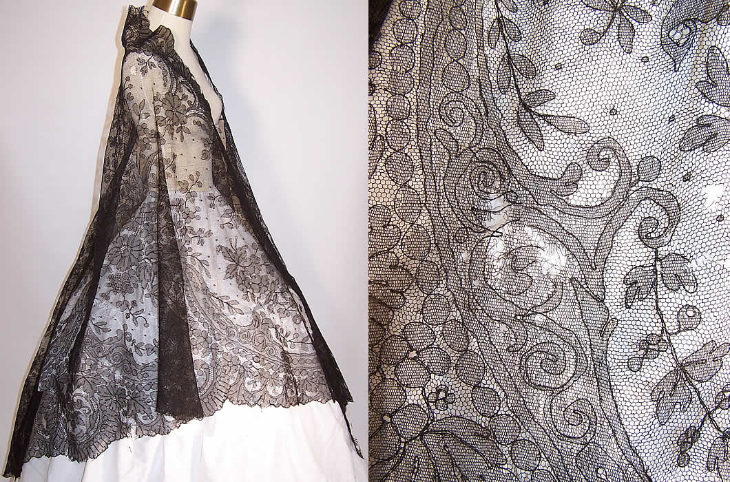 Victorian Civil War Antique Black Chantilly Lace Mantilla Shawl