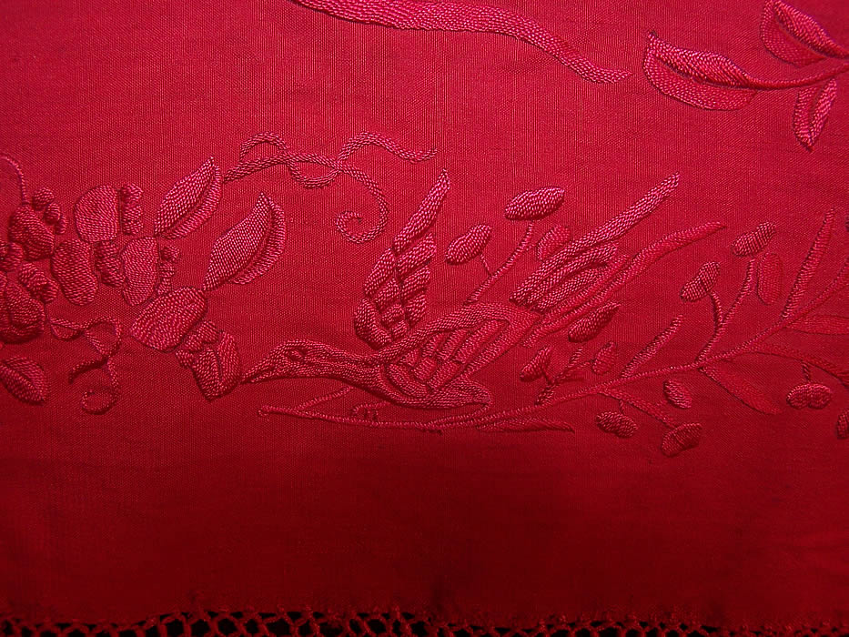 Antique Red Silk Embroidered Chinese Bird Butterfly Floral Canton Piano Shawl close up bird and flowers