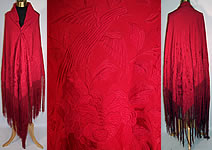 Antique Red Silk Embroidered Chinese Bird Butterfly Floral Canton Piano Shawl 