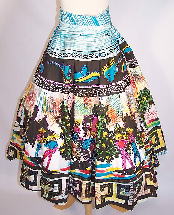 Vintage Mariachi Figural Hand Painted Sequin Mexican Circle Skirt