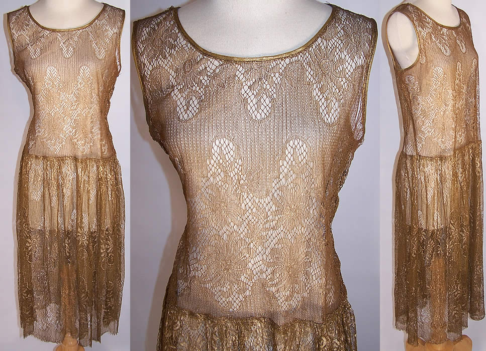 Art Deco Gold Metallic Lamé Lace Drop Waist Flapper Dress