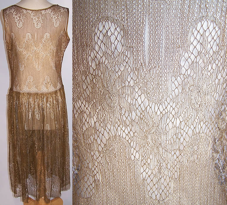 Art Deco Gold Metallic Lamé Lace Drop Waist Flapper Dress