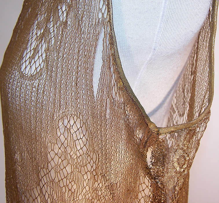 Art Deco Gold Metallic Lamé Lace Drop Waist Flapper Dress close up.