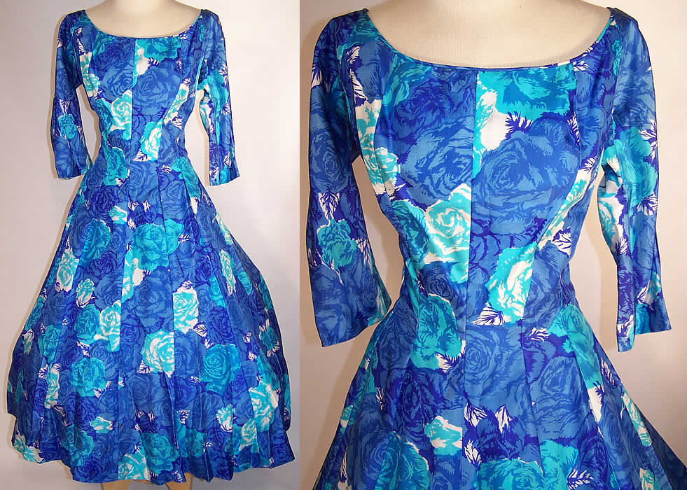 Vintage Suzy Perette Blue Roses Floral Silk Circle Skirt Party Dress