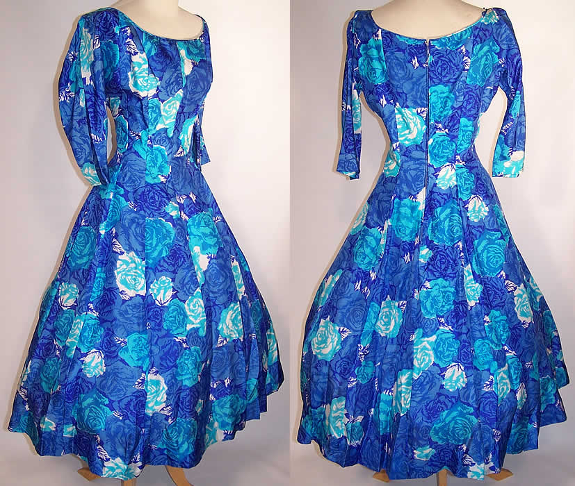 Vintage Suzy Perette Blue Roses Floral Silk Circle Skirt Party Dress side and back view.