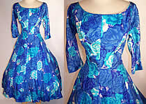 Vintage 1950s Suzy Perette Blue Roses Floral Silk Circle Skirt Party Dress