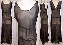 1930s Vintage Sheer Black Silk Chiffon Bias Cut Slip Dress Evening Gown 