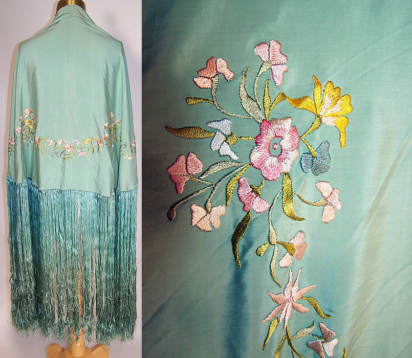 Vintage Turquoise Blue Silk Pastel Floral Embroidered Fringe Round Piano Shawl