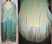 Vintage Turquoise Blue Silk Pastel Floral Embroidered Fringe Round Piano Shawl