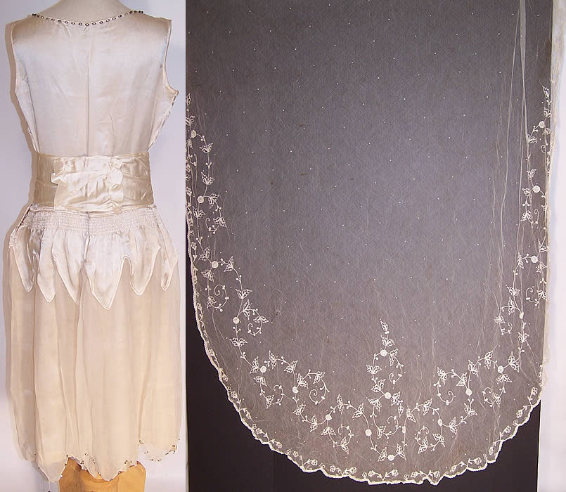 Vintage Cream Silk Beaded Bridal Wedding Dress Lace Veil 