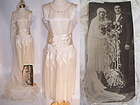 Vintage 1920s Cream Silk Beaded Bridal Wedding Dress Lace Veil & Photo