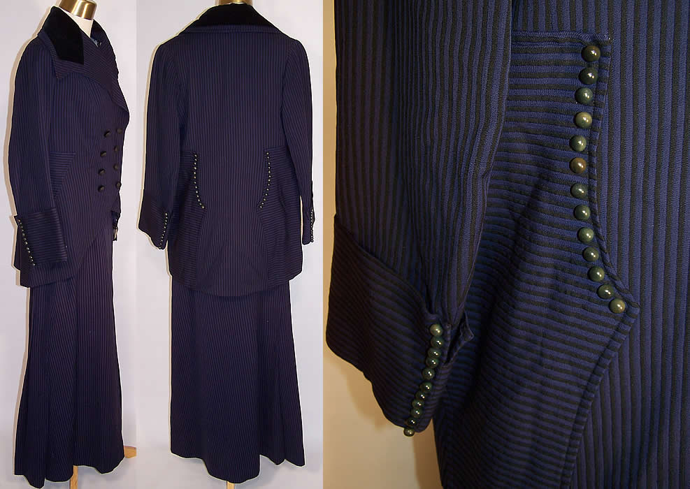 Edwardian Titanic Blue & Black Striped Wool Walking Suit Jacket Skirt