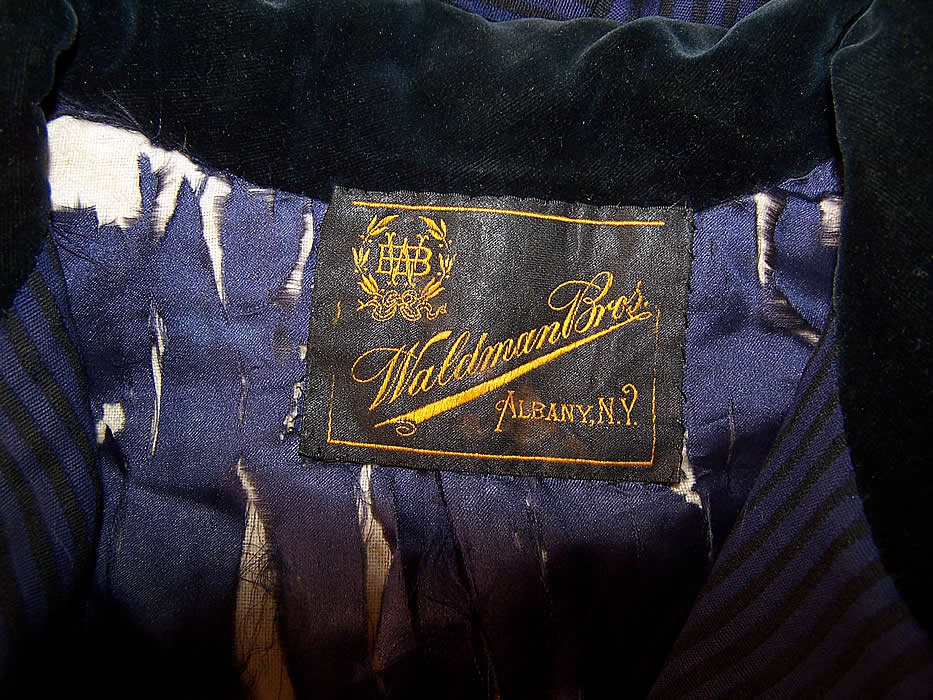 Edwardian Titanic Blue & Black Striped Wool Walking Suit Jacket Skirt label close up.