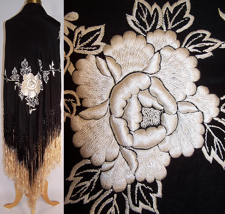 Antique Art Deco Black & White Silk Roses Floral Embroidered Piano Shawl