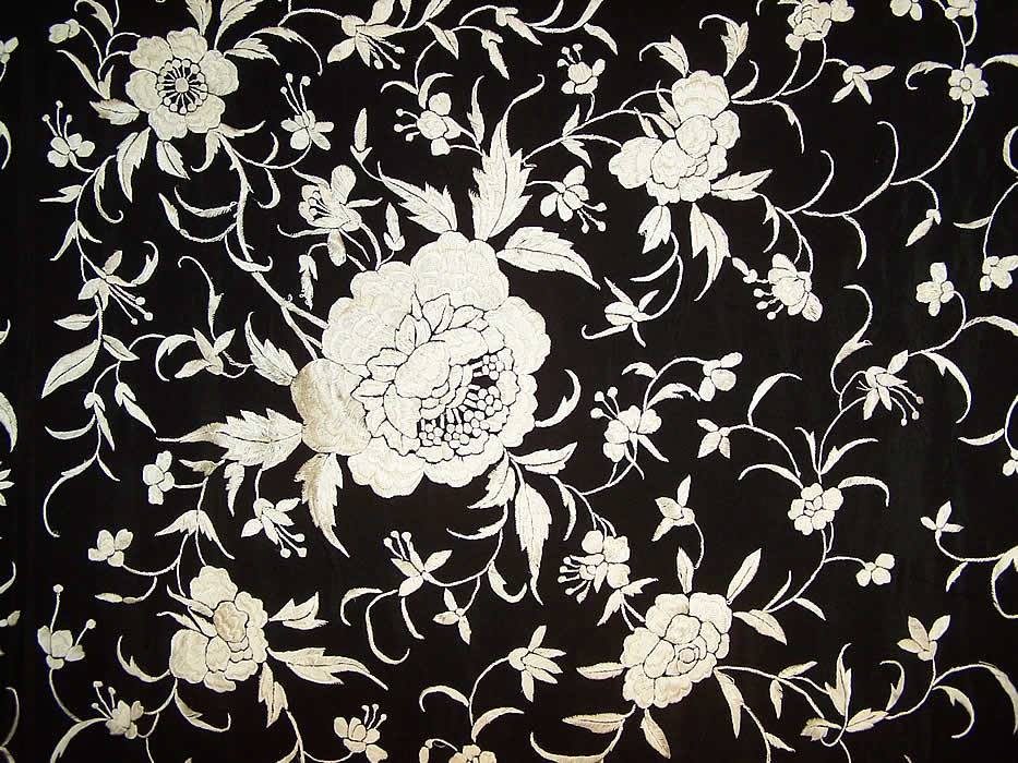 Antique Black & White Floral Silk Embroidered Canton Piano Shawl