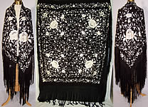 1920s Antique Black & White Floral Silk Embroidered Canton Piano Shawl