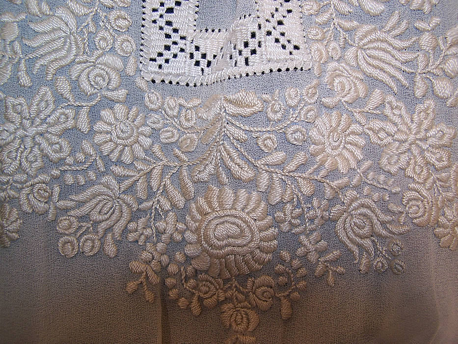 Vintage Cream Silk Crepe Floral Smocking Embroidered Boho Peasant Dress