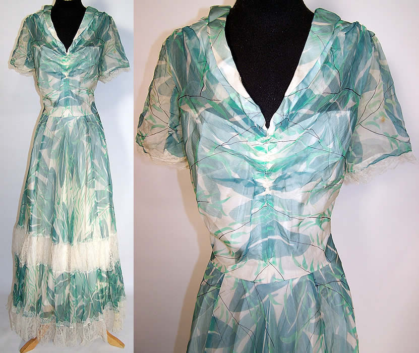 Taylor Importing Original Green Lily Pad Silk Chiffon White Lace Dress