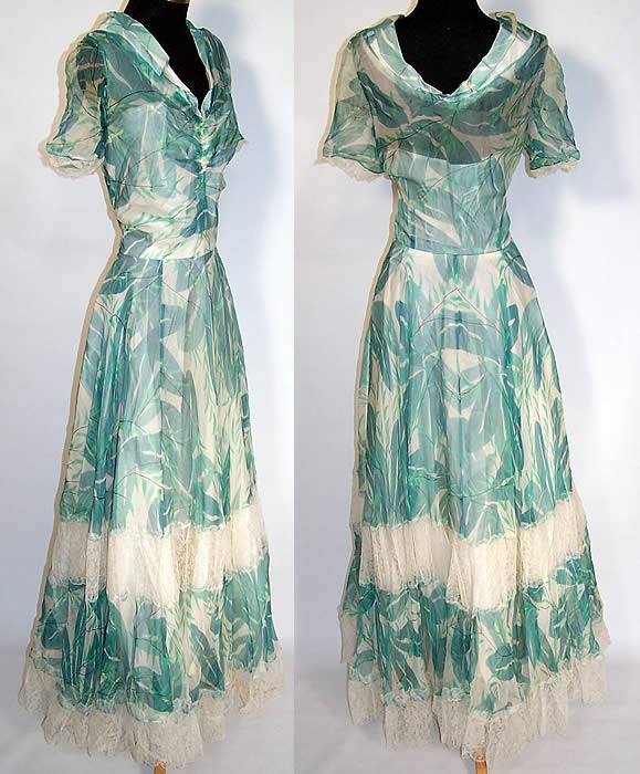 Taylor Importing Original Green Lily Pad Silk Chiffon White Lace Dress