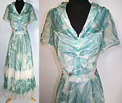 1940s Taylor Importing Original Green Lily Pad Silk Chiffon White Lace Dress