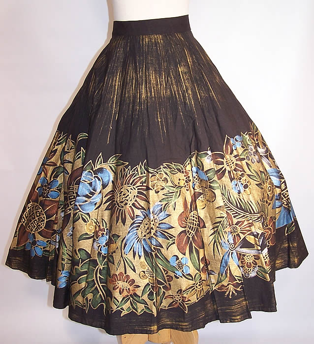 Vintage Tel-Art Floral Gold Stencil Hand Painted Black Mexican Circle Skirt