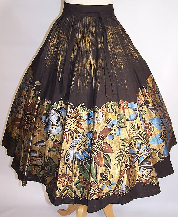 Vintage Tel-Art Floral Gold Stencil Hand Painted Black Mexican Circle Skirt